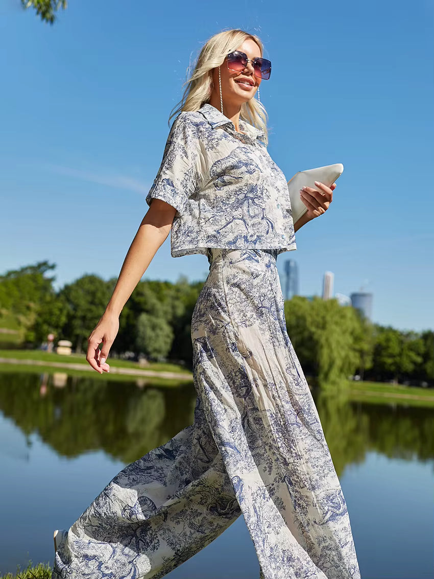 Ensemble Pyjama Femme Imprimé Bleu/Gris – Chemise & Pantalon Fluide