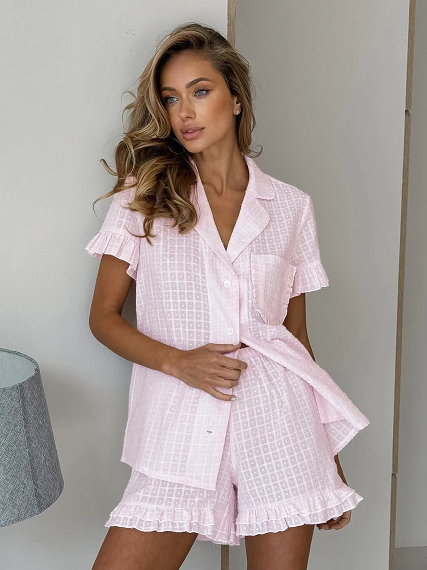 Pyjama Femme Coton Rose – Chemise Courte & Short Fluide Été