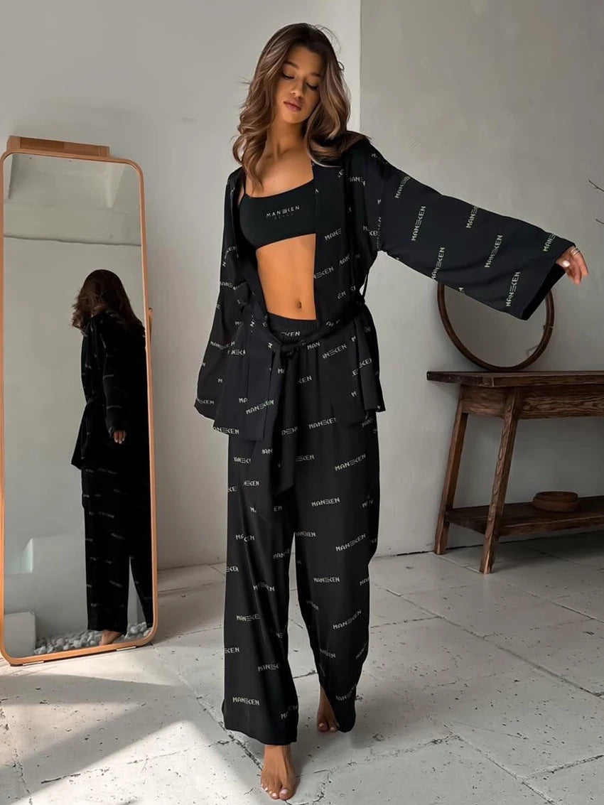 Pyjama Femme Imprimé – Ensemble 2 Pièces Col V & Pantalon Large