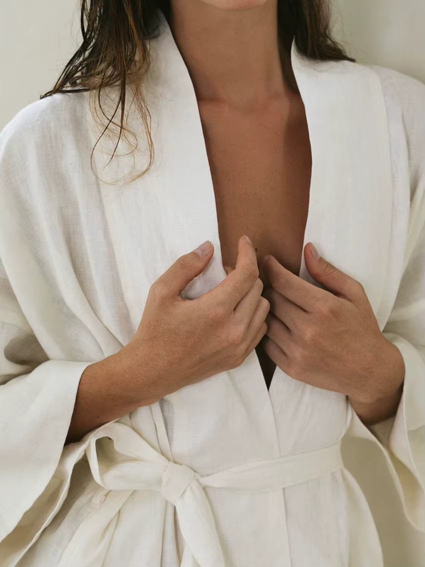 Pyjama Femme Coton – Ceinturé, Manches Longues & Coupe Courte