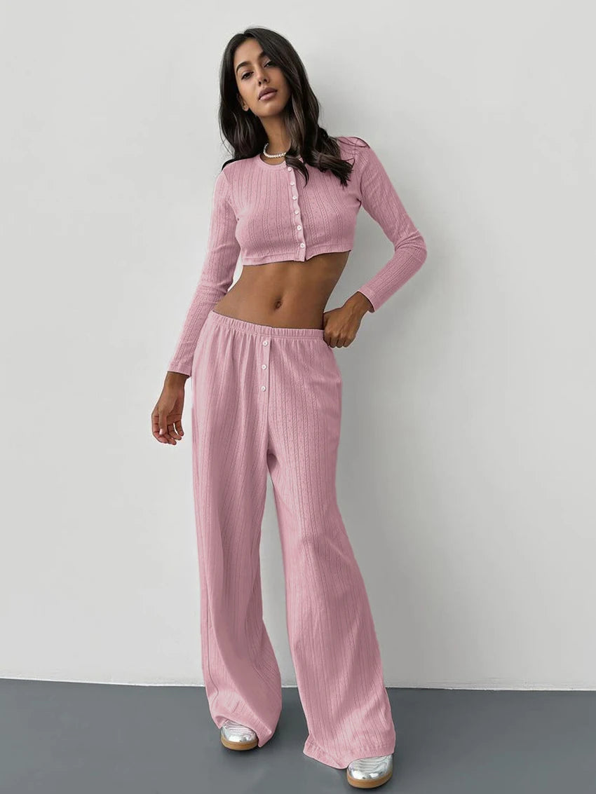 Pyjama Femme Manches Longues – Ensemble Pantalon Fluide Coton Polyester