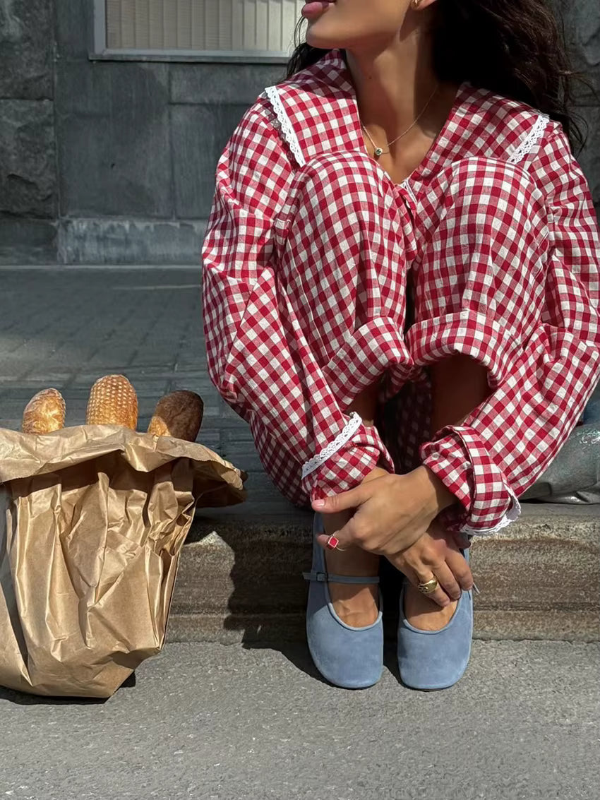 Pyjama Femme Carreaux Rouges – Ensemble Chemise à Revers & Pantalon Ample