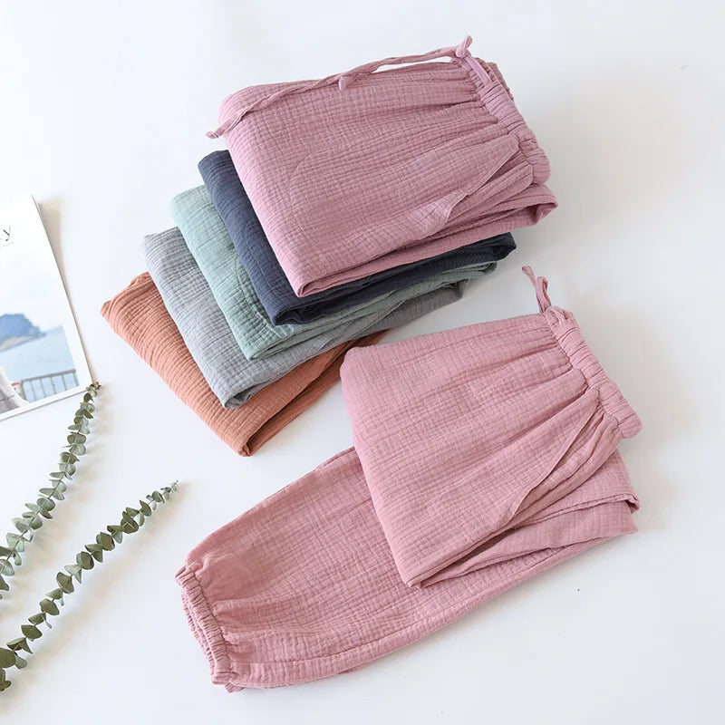 Pantalon Pyjama Femme Coton Crêpe – Taille à Cordon, Coupe Fluide