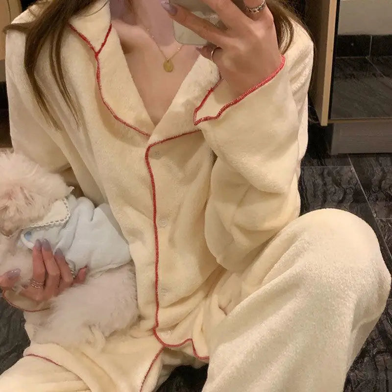 Pyjama Polaire Femme Hiver – Ensemble Épais à Col Chemise