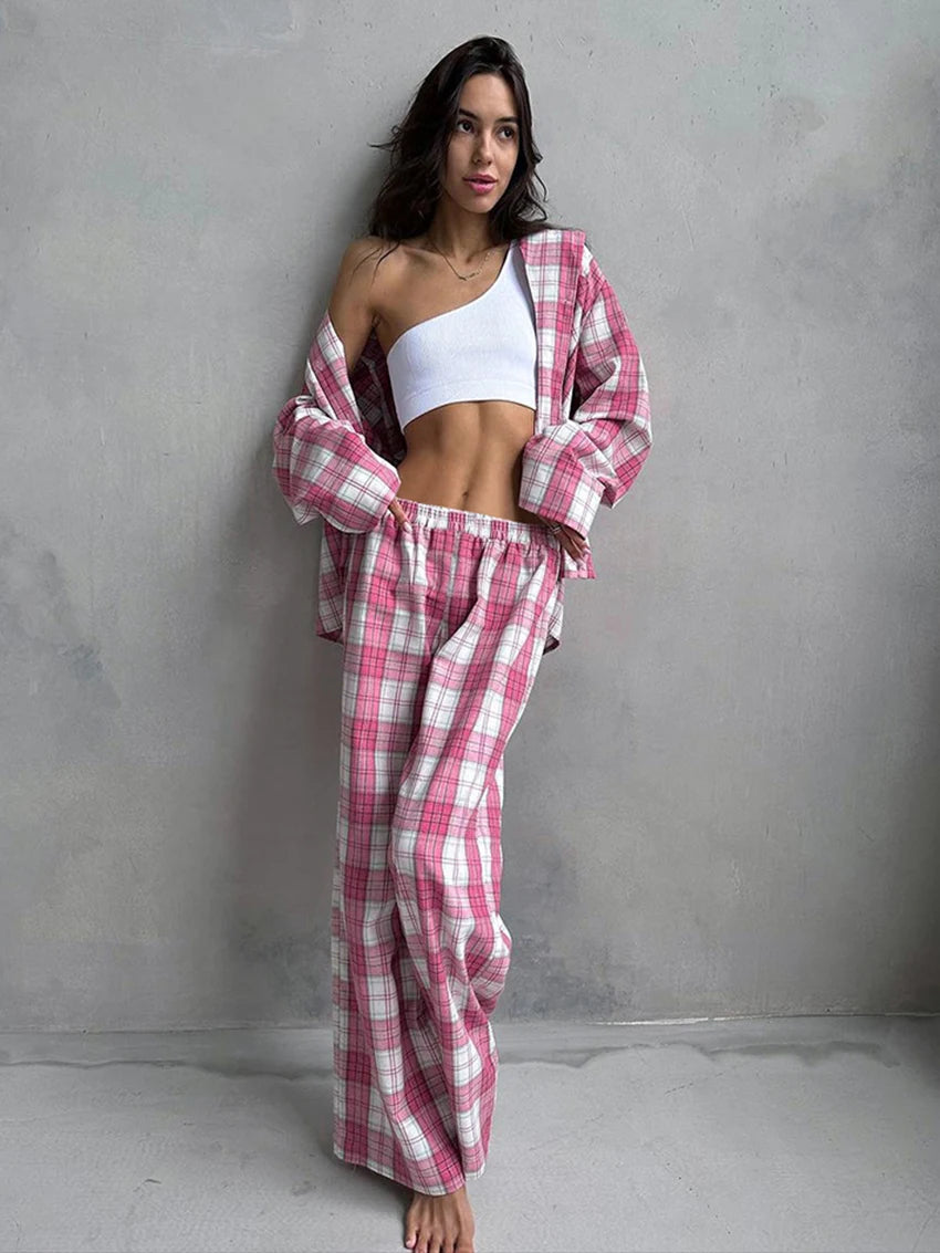 Pyjama Femme Carreaux Rose – Ensemble Hiver à Carreaux Coton & Polyester