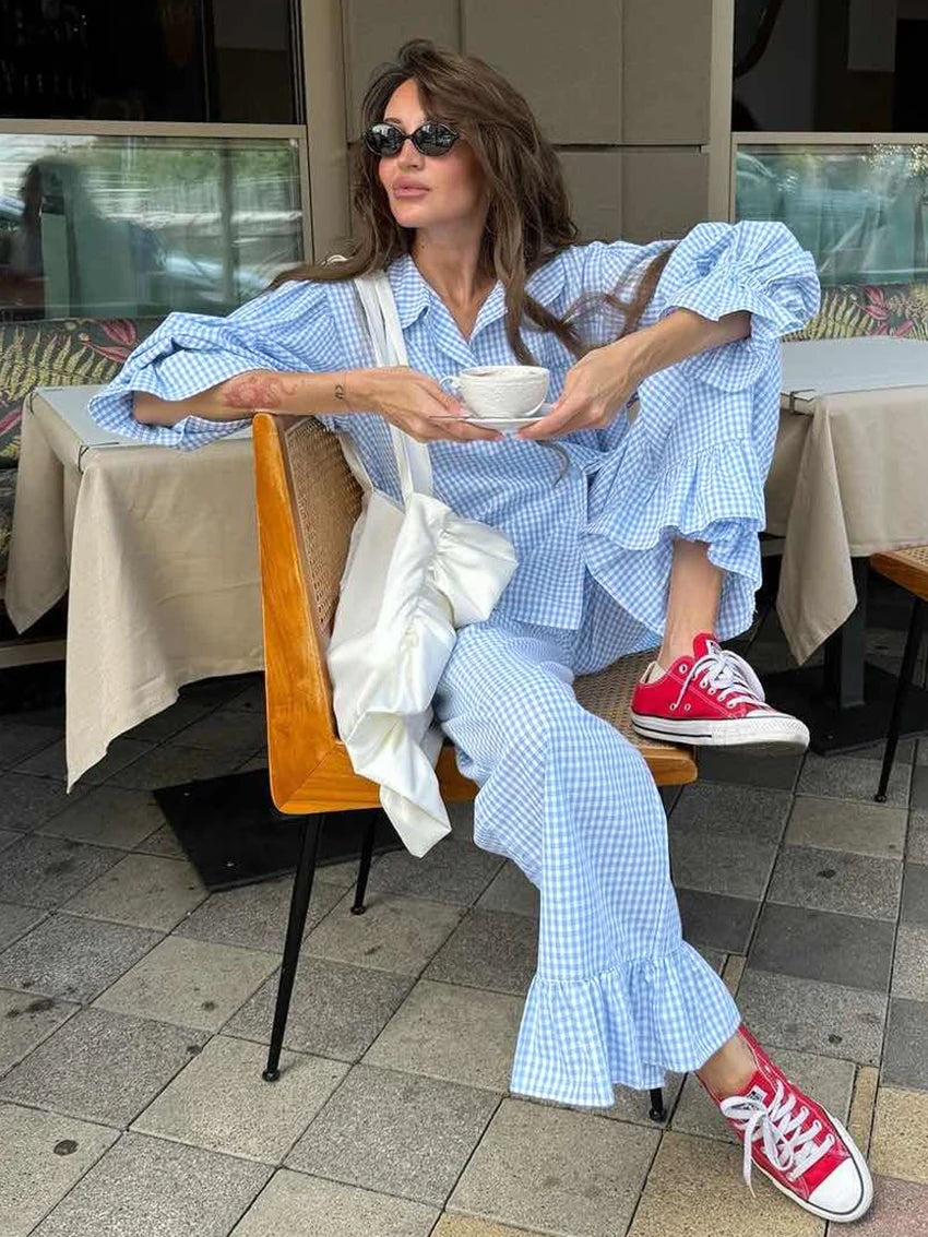 Pyjama Femme Coton Rayé Bleu – Ensemble 2 Pièces à Volants