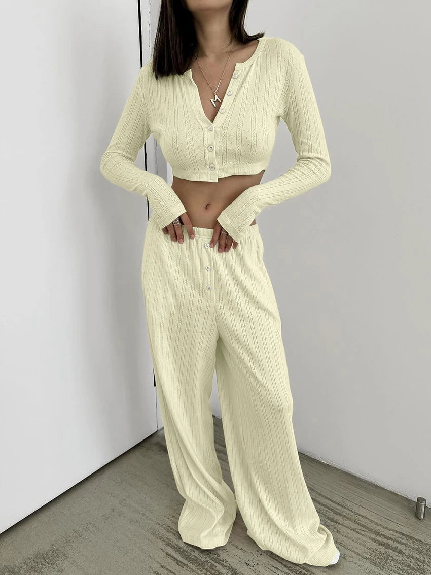 Pyjama Femme Manches Longues – Ensemble Pantalon Fluide Coton Polyester