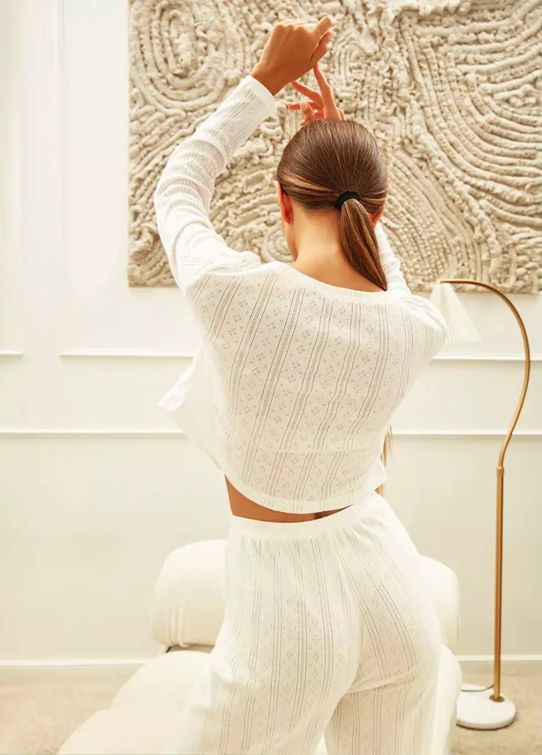 Ensemble Pyjama Femme Uni – Haut Manches Longues & Pantalon Fluide