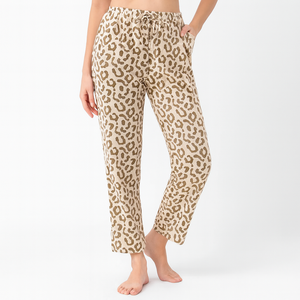 Pyjama Femme Coton Léopard – Pantalon Long à Cordon, Coupe Ample